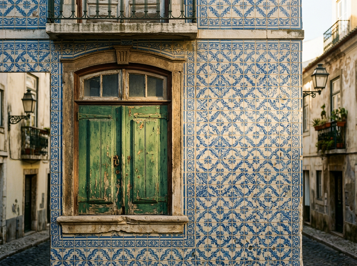 Detail of traditional blue azulejo tiles on a Lisbon facade